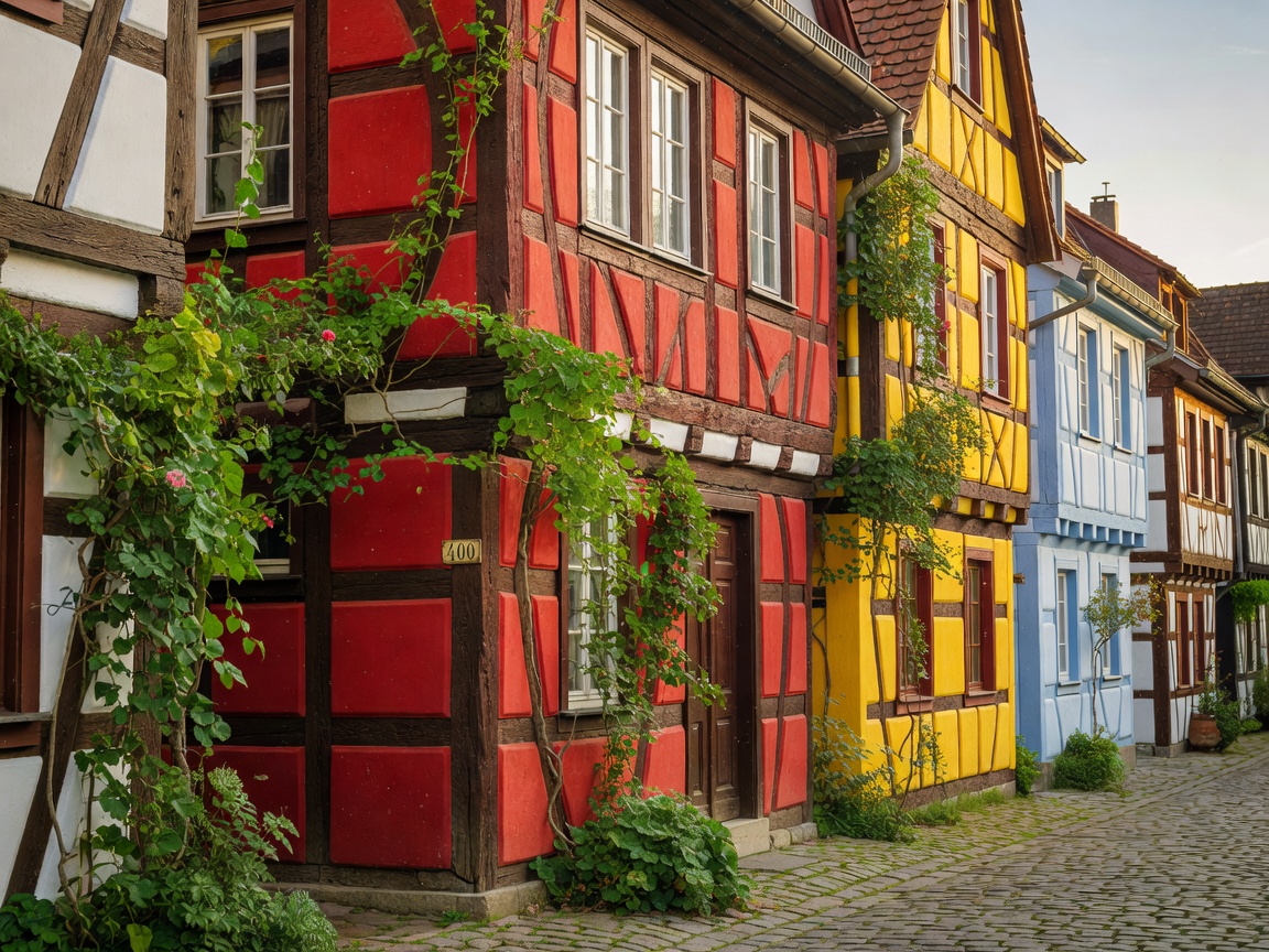 Colorful half timbered village buildings surrounded by green vines
