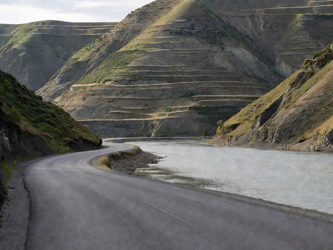 Curving road alongside a wide river with steep terraced hillsides
