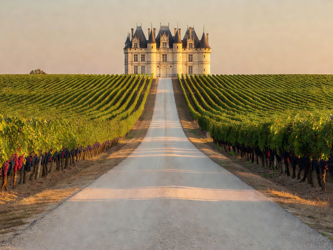 Flat straight road lined with vineyards and a distant French chateau