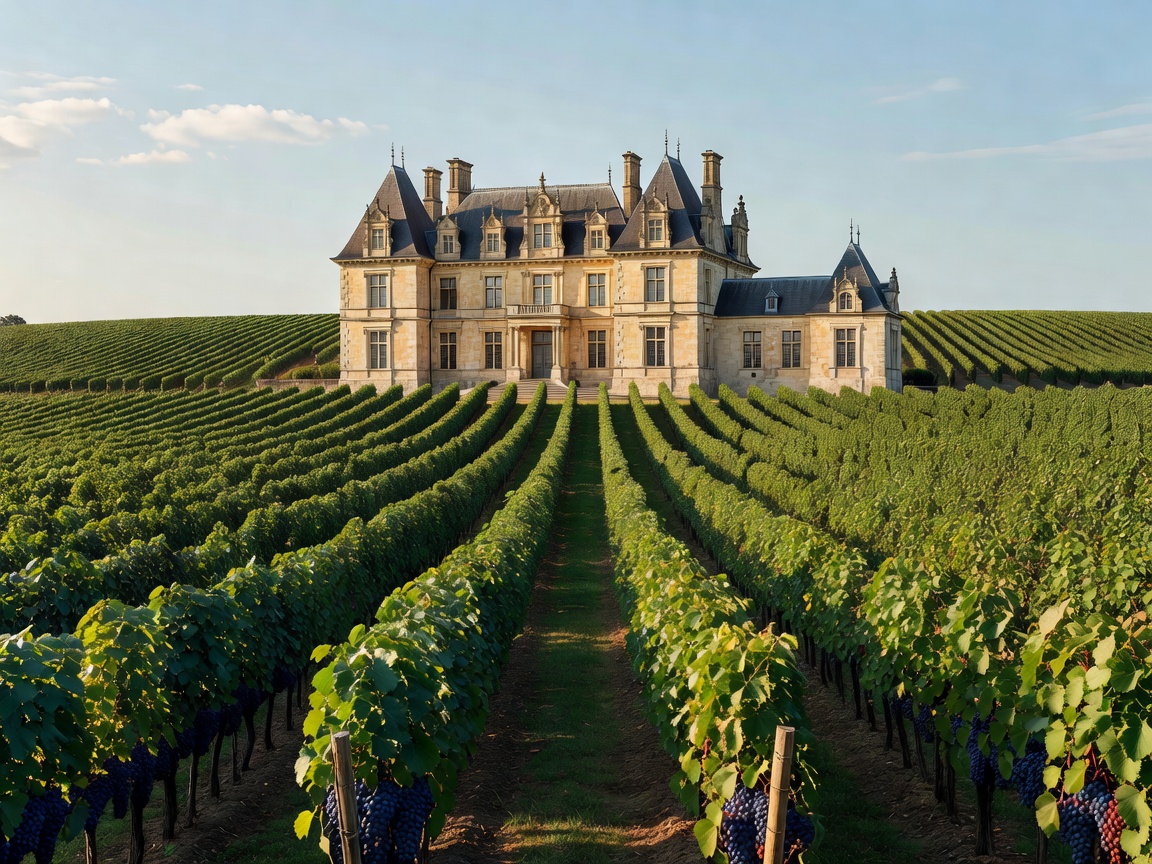 Grand chateau framed by endless rows of grape vines