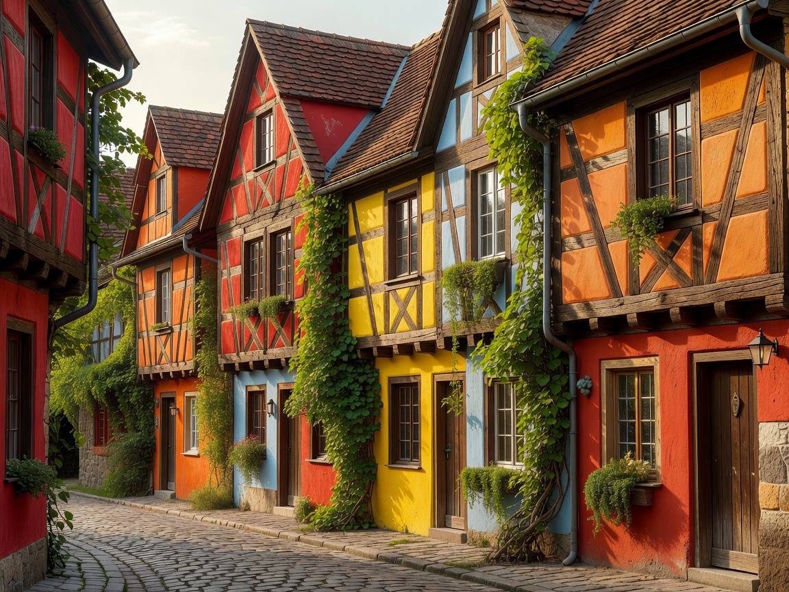 Half-timbered colorful houses in a quaint European village surrounded by vines