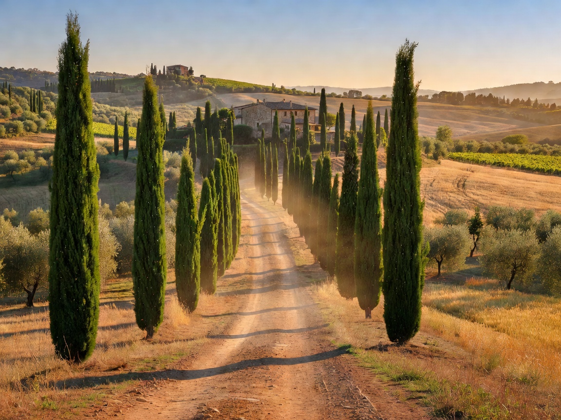 Scenic view of cypress trees lining a dirt road in Tuscany