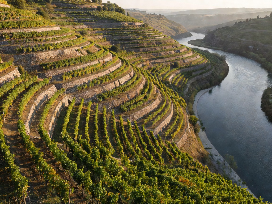 Steep terraced vineyards plunging down to a wide, curving river