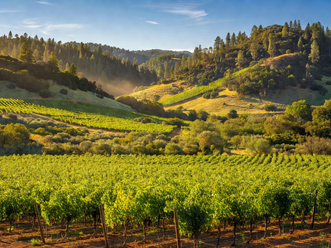 Sun-drenched valley with lush vineyards meeting forested hills