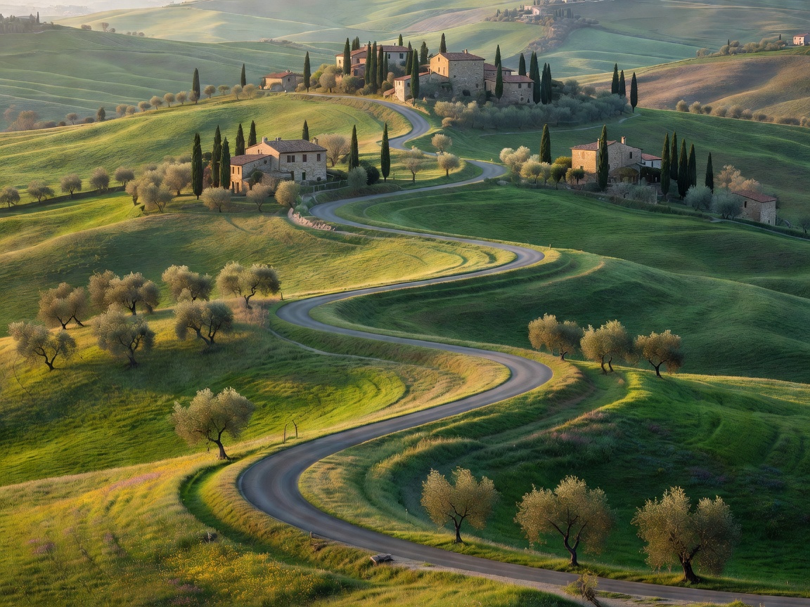 Winding road through rolling green hills in Tuscany